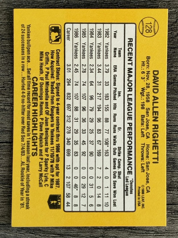 1987 Donruss #128 Dave Righetti