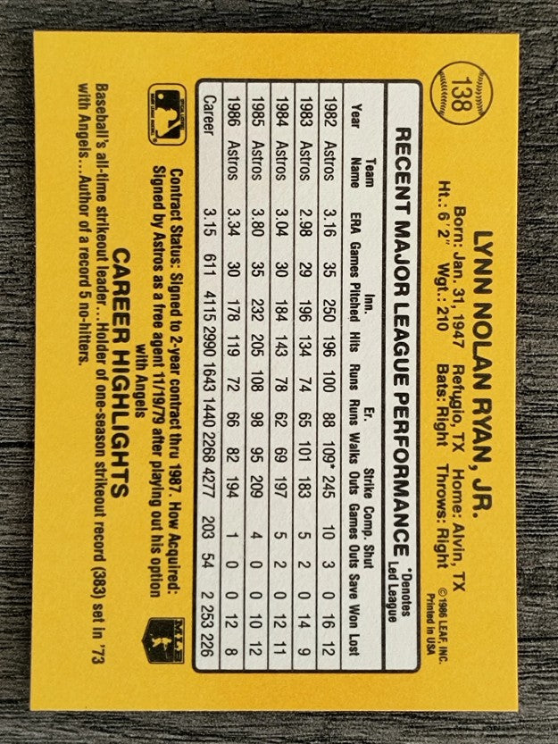 1987 Donruss #138 Nolan Ryan