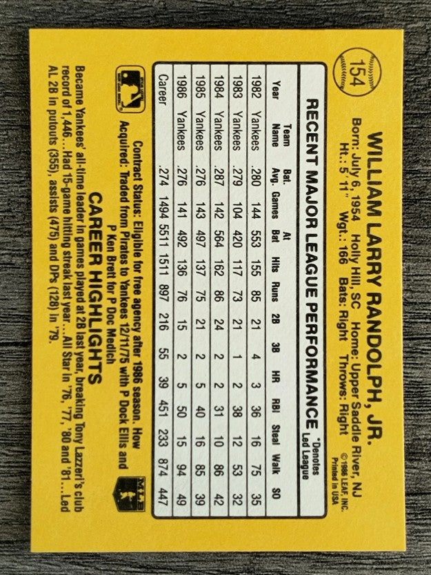1987 Donruss #154 Willie Randolph