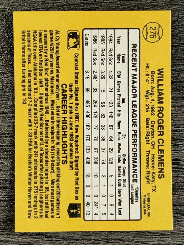 1987 Donruss #276 Roger Clemens