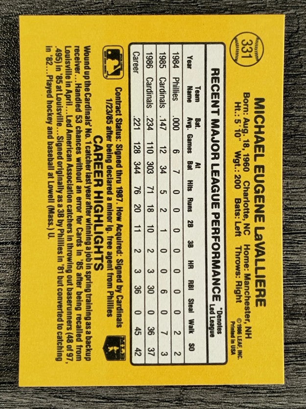 1987 Donruss #331 Mike LaValliere RC