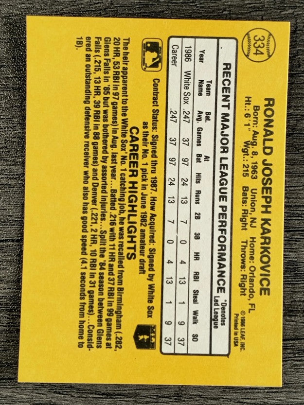 1987 Donruss #334 Ron Karkovice RC