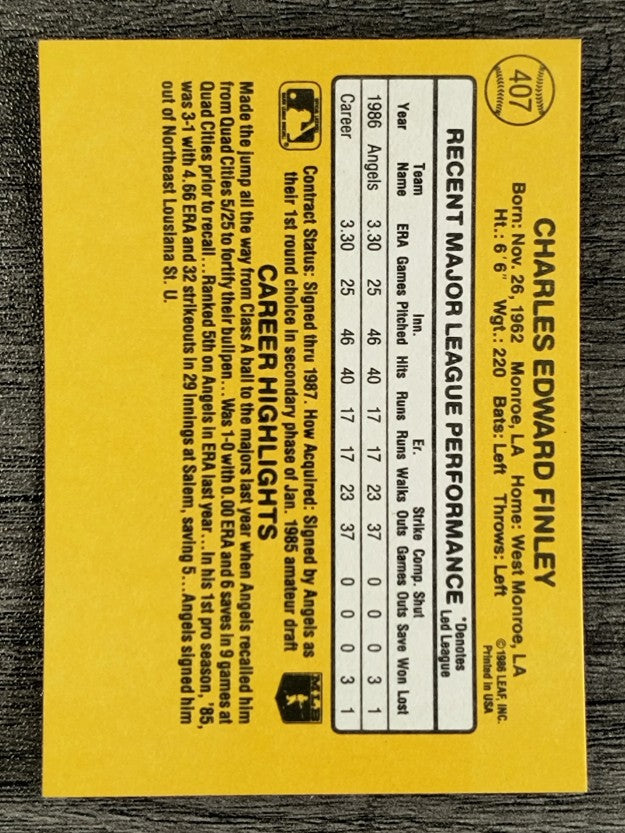1987 Donruss #407 Chuck Finley RC