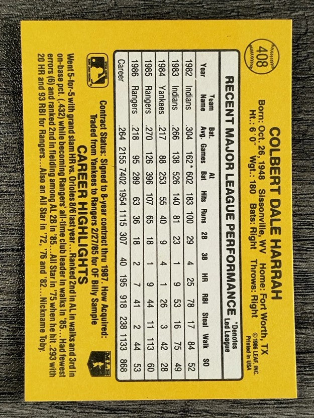 1987 Donruss #408 Toby Harrah