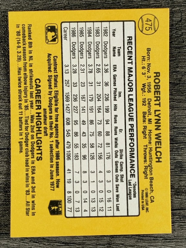 1987 Donruss #475 Bob Welch