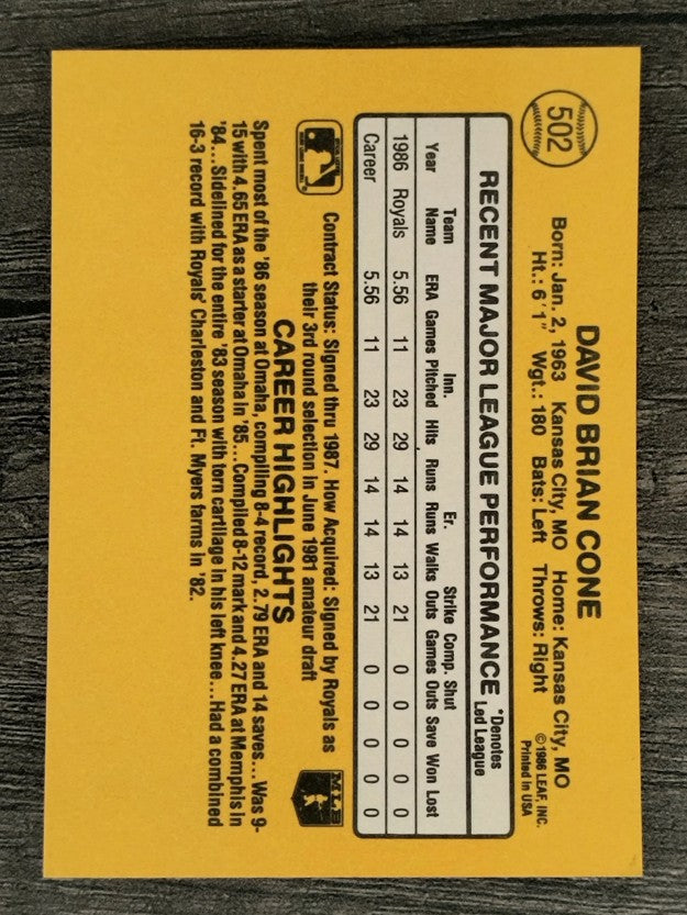 1987 Donruss #502 David Cone RC