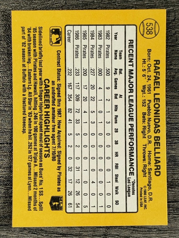 1987 Donruss #538 Rafael Belliard RC