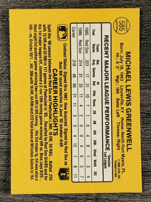 1987 Donruss #585 Mike Greenwell RC