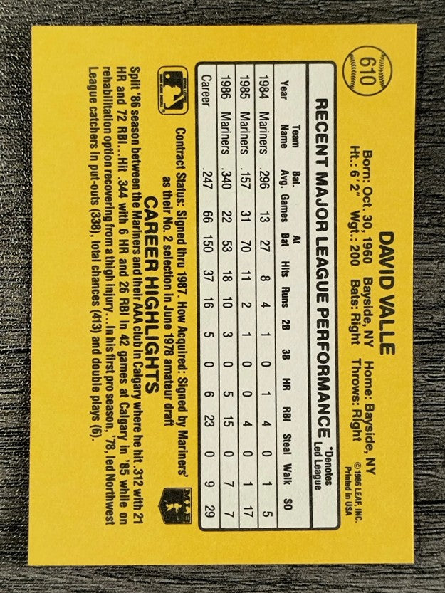 1987 Donruss #610 Dave Valle RC