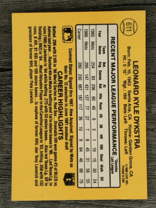 1987 Donruss #611 Len Dykstra