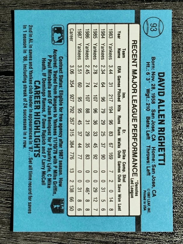 1988 Donruss #93 Dave Righetti