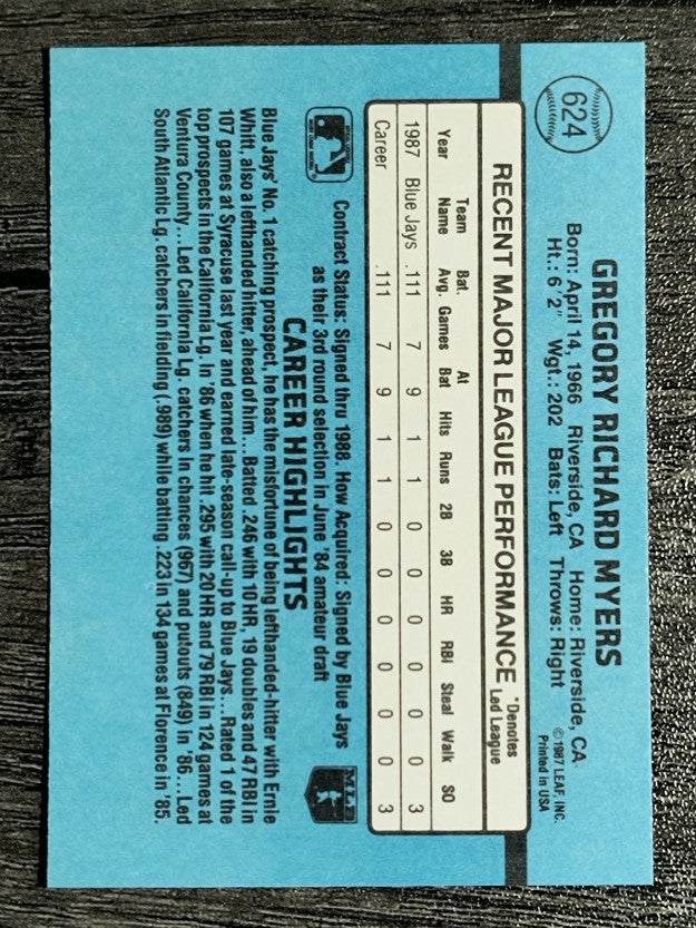 1988 Donruss #624 Greg Myers RC