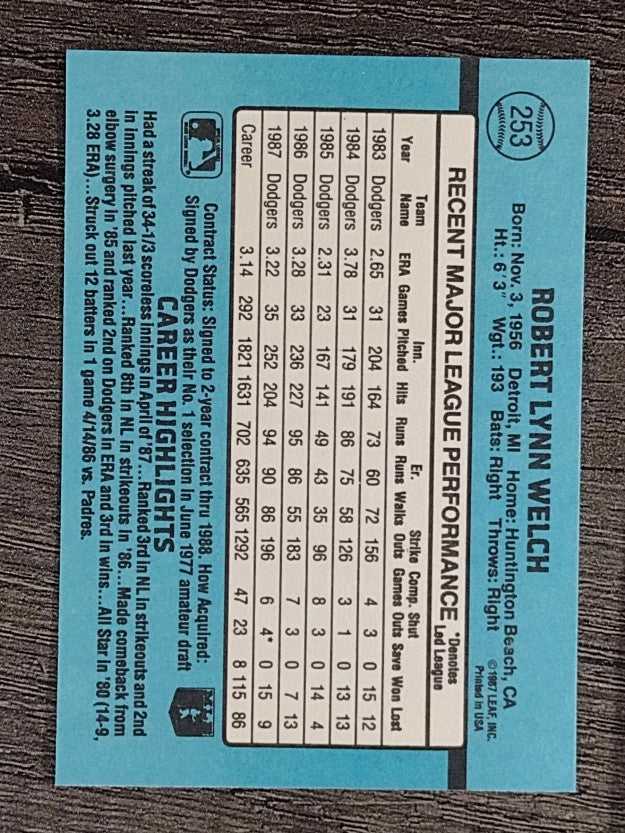 1988 Donruss #253 Bob Welch