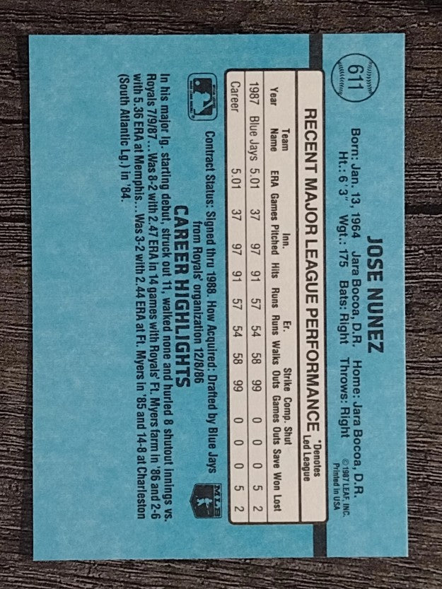 1988 Donruss #611 Jose Nunez SP