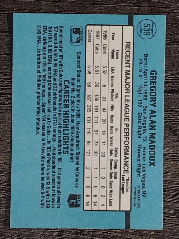 1988 Donruss #539 Greg Maddux
