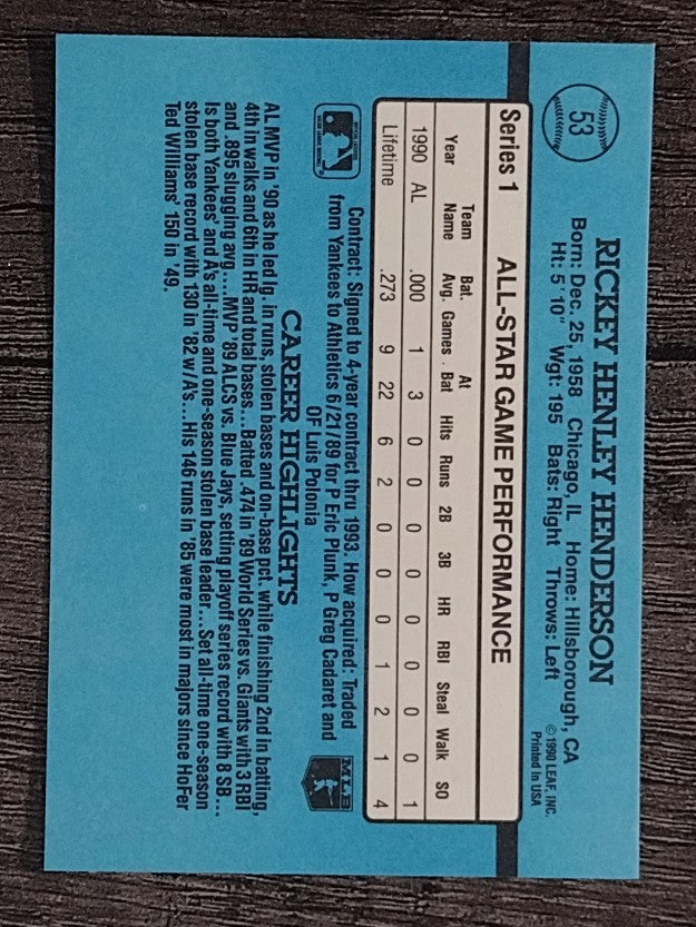 1991 Donruss #53 Rickey Henderson AS