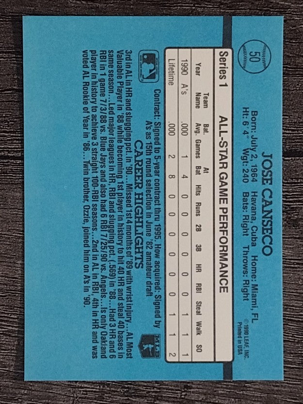 1991 Donruss #50A Jose Canseco AS ERR/Team in stat box A's