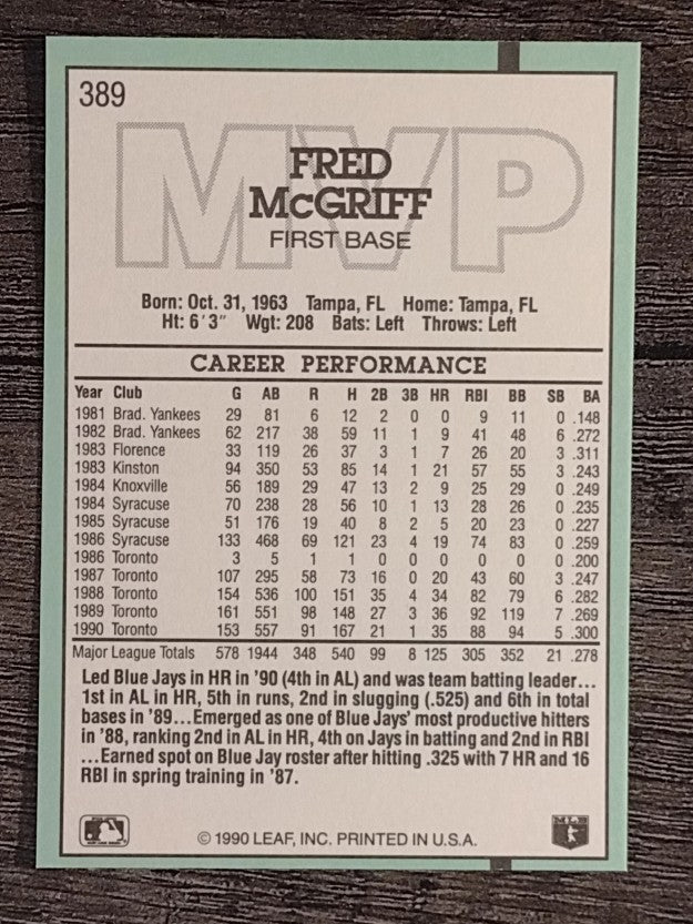 1991 Donruss #389 Fred McGriff MVP