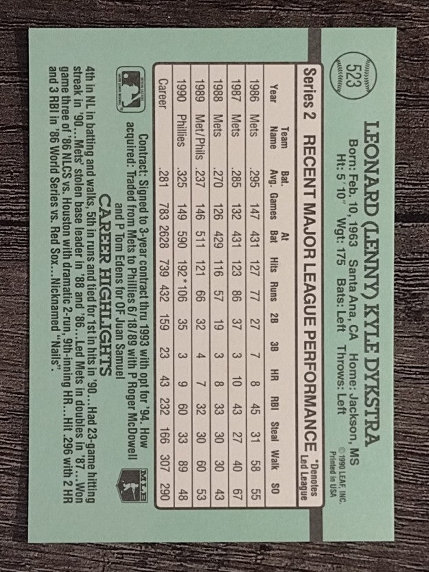 1991 Donruss #523 Len Dykstra