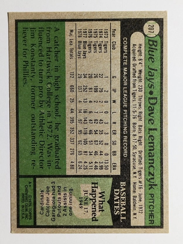 1979 Topps #207 Dave Lemanczyk (EX)