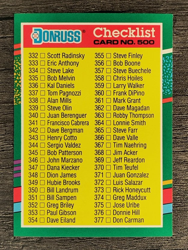 1991 Donruss #500 Checklist 332-408