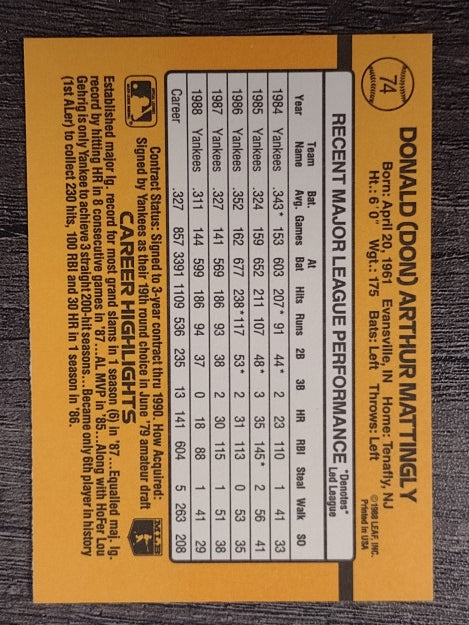 1989 Donruss #74 Don Mattingly