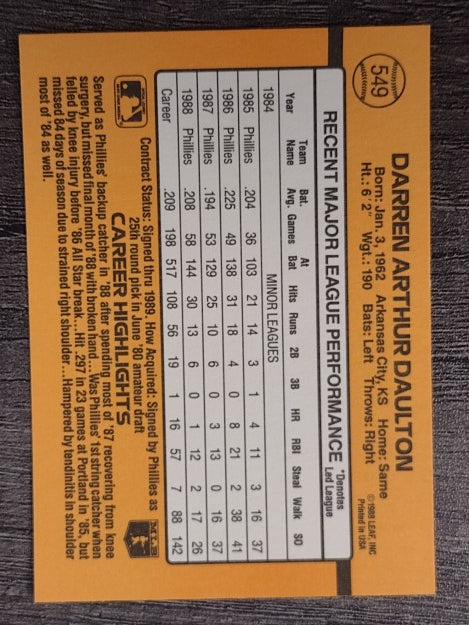 1989 Donruss #549 Darren Daulton DP/Posing as right-/handed hitter