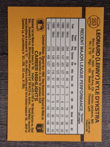 1989 Donruss #353 Len Dykstra