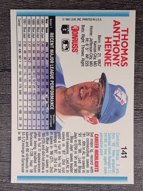 1992 Donruss #141 Tom Henke