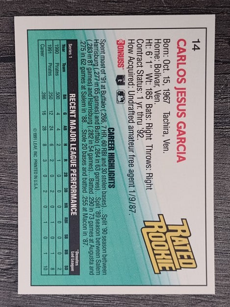 1992 Donruss #14 Carlos Garcia