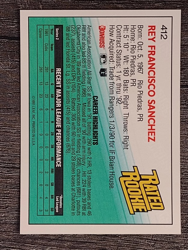 1992 Donruss #412 Rey Sanchez RR RC
