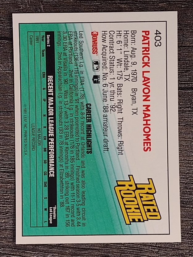1992 Donruss #403 Pat Mahomes RR RC