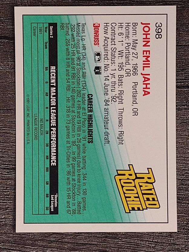 1992 Donruss #398 John Jaha RR RC