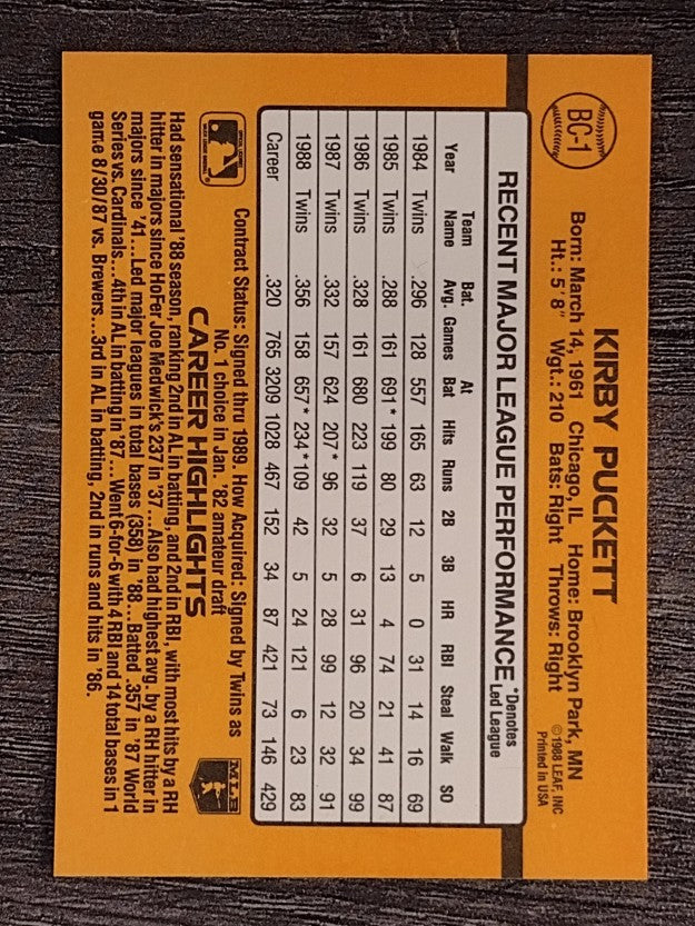 1989 Donruss Bonus MVP's #BC1 Kirby Puckett