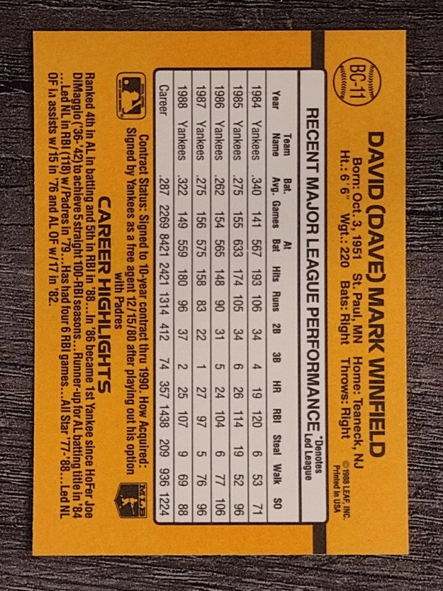 1989 Donruss Bonus MVP's #BC11 Dave Winfield