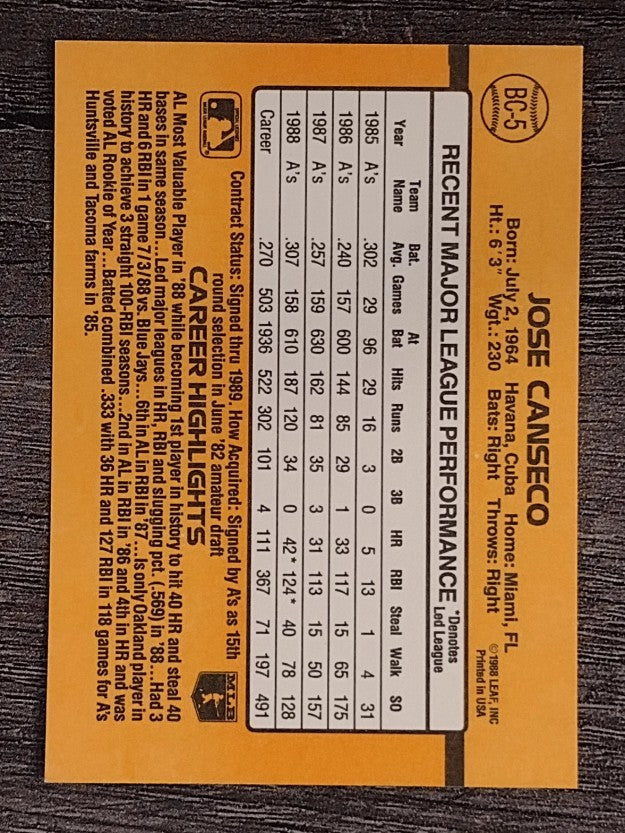 1989 Donruss Bonus MVP's #BC5 Jose Canseco