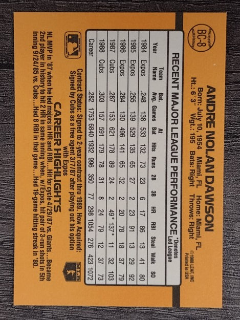 1989 Donruss Bonus MVP's #BC8 Andre Dawson