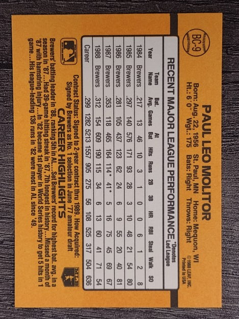 1989 Donruss Bonus MVP's #BC9 Paul Molitor
