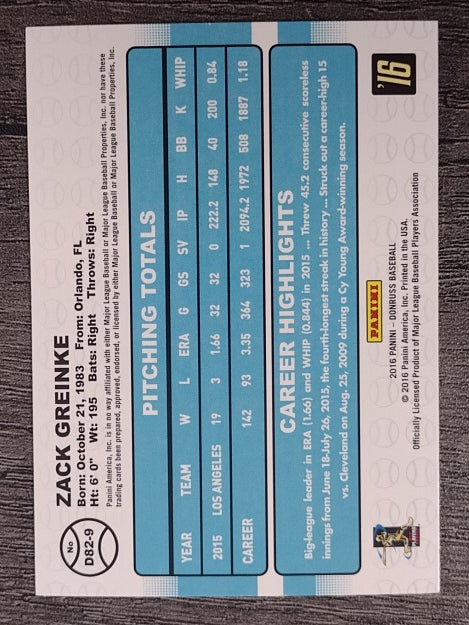 2016 Donruss '82 #9 Zack Greinke