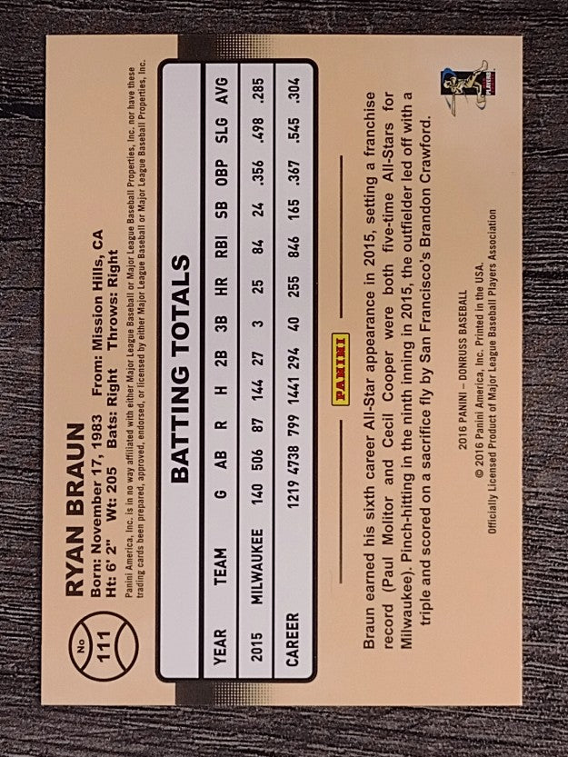 2016 Donruss #111 Ryan Braun