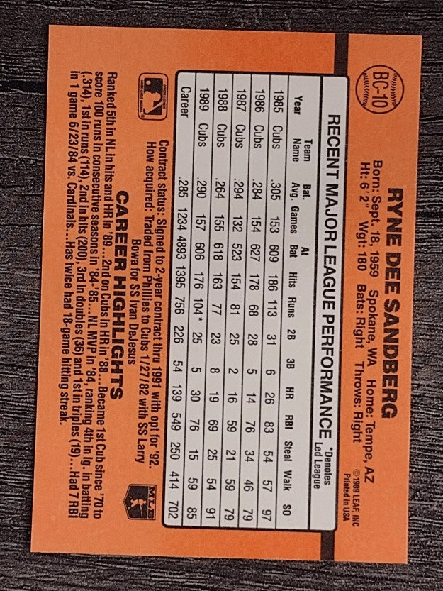 1990 Donruss Bonus MVP's #BC10 Ryne Sandberg
