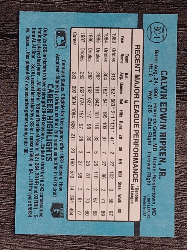 1988 Donruss Bonus MVP's #BC1 Cal Ripken