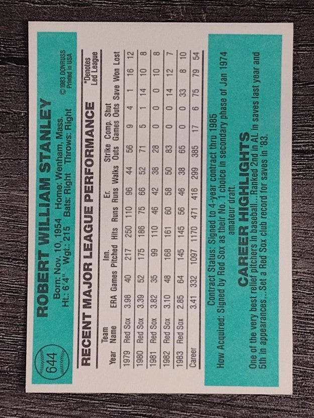 1984 Donruss #644 Bob Stanley