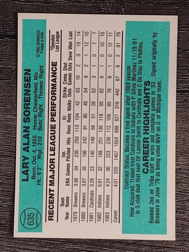 1984 Donruss #635 Lary Sorensen