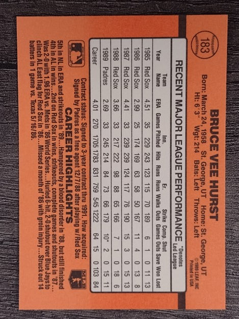 1990 Donruss #183 Bruce Hurst