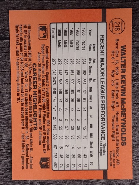 1990 Donruss #218 Kevin McReynolds