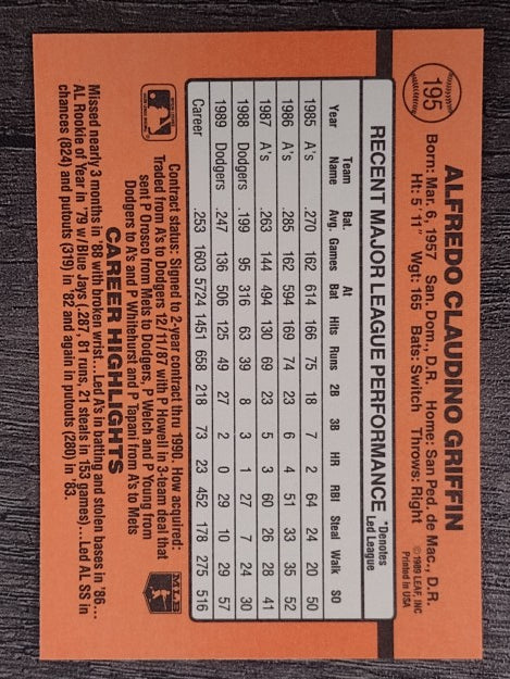1990 Donruss #195 Alfredo Griffin