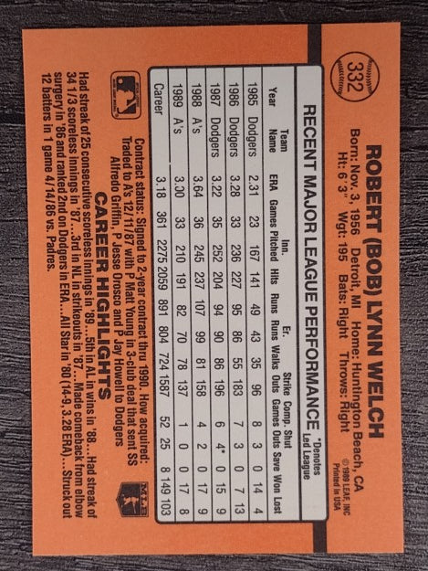 1990 Donruss #332 Bob Welch