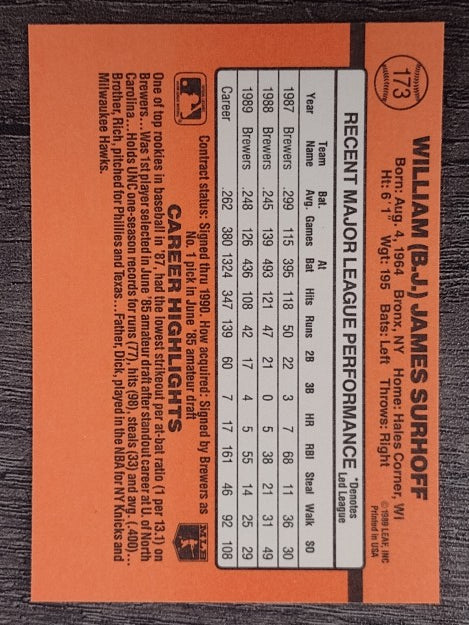 1990 Donruss #173 B.J. Surhoff