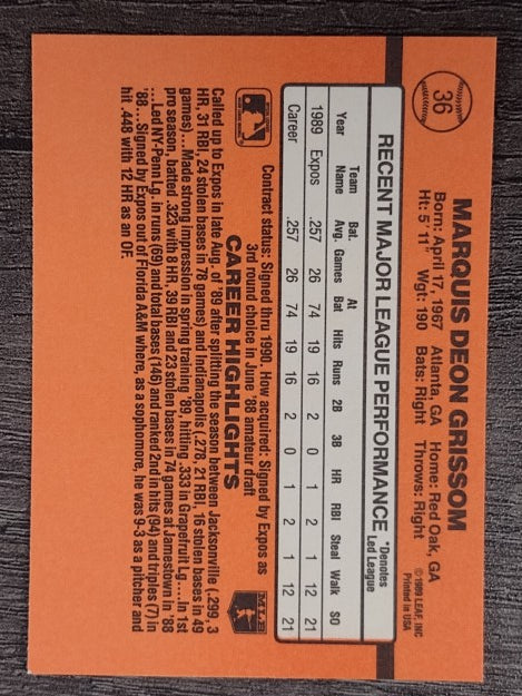 1990 Donruss #36 Marquis Grissom RC
